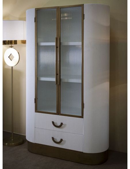 Buffet vitrine moderne Haut 2 portes 2 tiroirs en Bois de frêne Marron Blanc Métal Doré Tolosa 