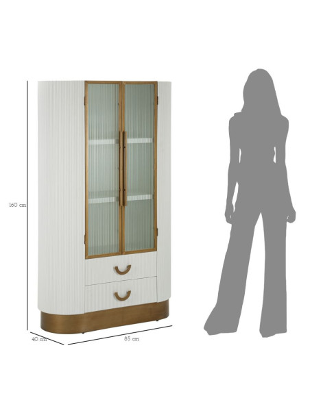 Buffet vitrine moderne Haut 2 portes 2 tiroirs en Bois de frêne Marron Blanc Métal Doré Tolosa 