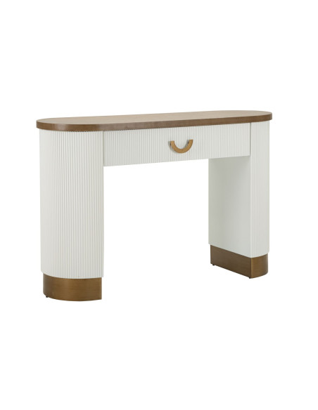 Console moderne Arrondie 1 tiroir en Bois de frêne Marron Blanc Métal Doré Tolosa 