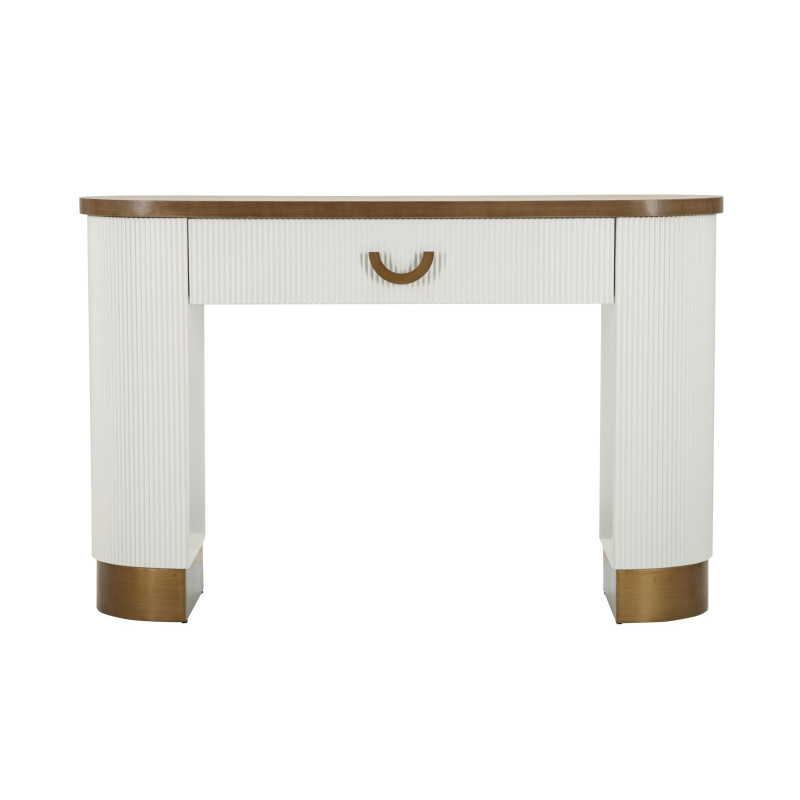 Console moderne Arrondie 1 tiroir en Bois de frêne Marron Blanc Métal Doré Tolosa 