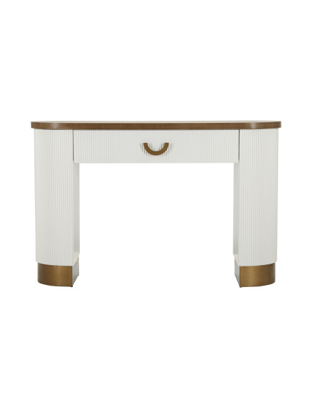 Console moderne Arrondie 1 tiroir en Bois de frêne Marron Blanc Métal Doré Tolosa 