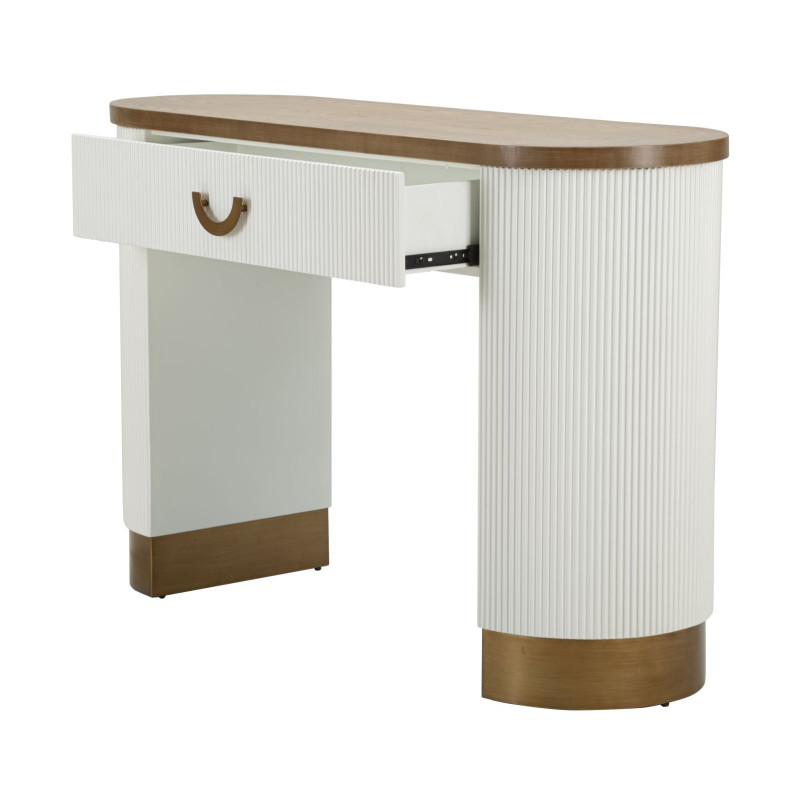 Console moderne Arrondie 1 tiroir en Bois de frêne Marron Blanc Métal Doré Tolosa 