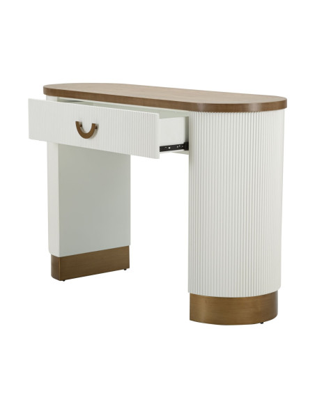 Console moderne Arrondie 1 tiroir en Bois de frêne Marron Blanc Métal Doré Tolosa 