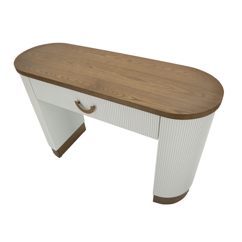 Console moderne Arrondie 1 tiroir en Bois de frêne Marron Blanc Métal Doré Tolosa 