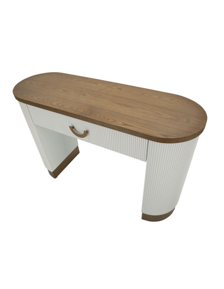 Console moderne Arrondie 1 tiroir en Bois de frêne Marron Blanc Métal Doré Tolosa 
