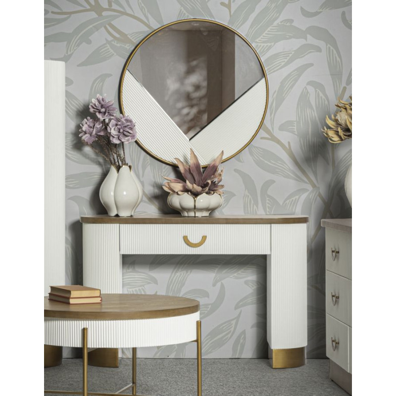 Console moderne Arrondie 1 tiroir en Bois de frêne Marron Blanc Métal Doré Tolosa 