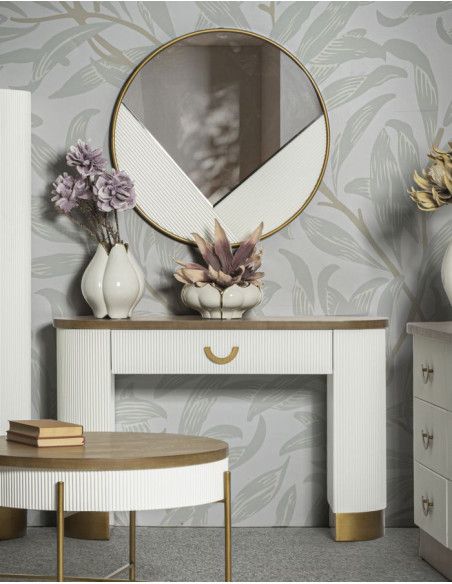 Console moderne Arrondie 1 tiroir en Bois de frêne Marron Blanc Métal Doré Tolosa 