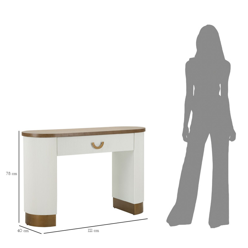 Console moderne Arrondie 1 tiroir en Bois de frêne Marron Blanc Métal Doré Tolosa 