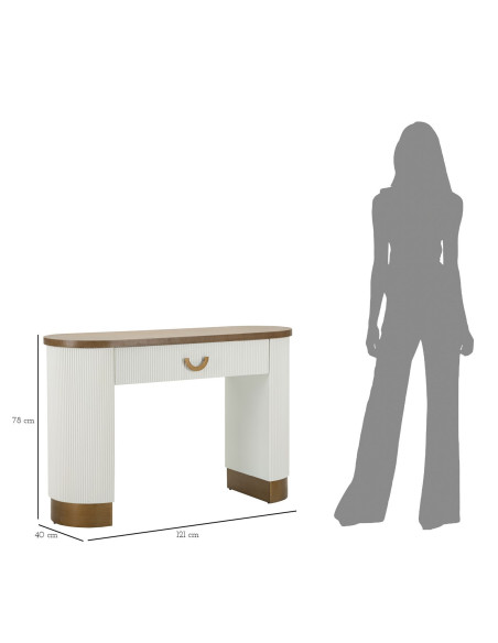 Console moderne Arrondie 1 tiroir en Bois de frêne Marron Blanc Métal Doré Tolosa 