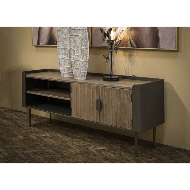 Meuble tv industriel 2 portes 2 niches en Bois de sapin Naturel Métal Noir Toronto 