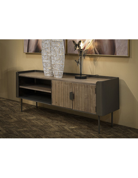 Meuble tv industriel 2 portes 2 niches en Bois de sapin Naturel Métal Noir Toronto 