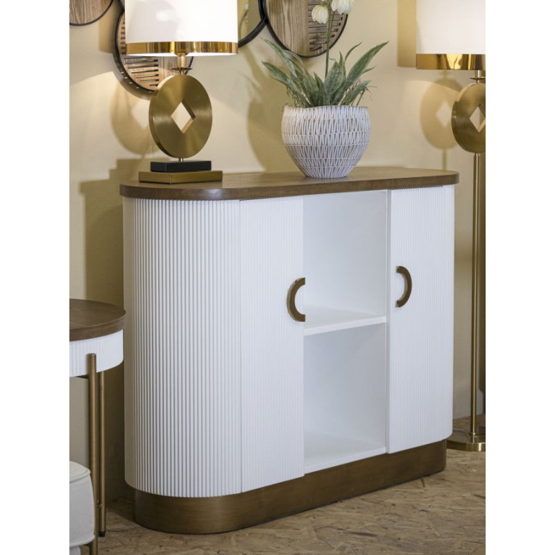 Buffet moderne Bas 2 portes 2 étagères en Bois de frêne Marron Blanc Métal Doré Tolosa 