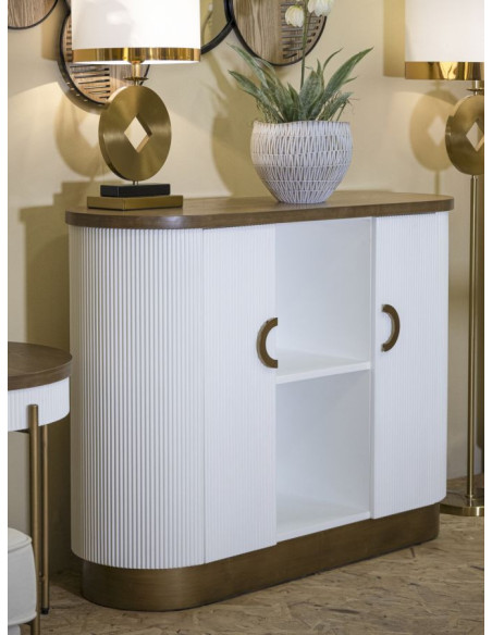 Buffet moderne Bas 2 portes 2 étagères en Bois de frêne Marron Blanc Métal Doré Tolosa 