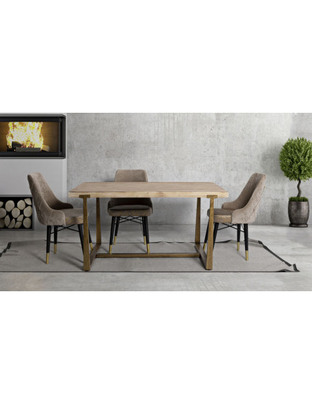 Table à manger moderne Rectangulaire 6 personnes en Bois Naturel Métal Doré Ankara 