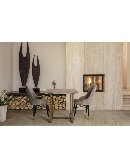 Table à manger moderne Carrée 2 personnes en Bois Naturel Métal Doré Ankara 