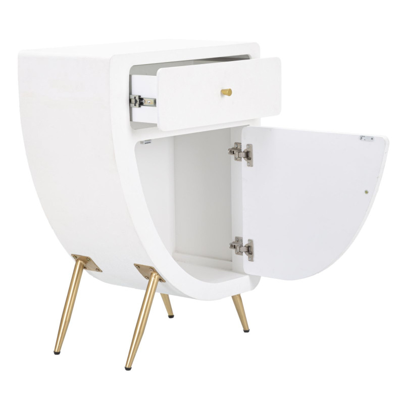 Table d'appoint moderne 1 porte 1 tiroir en Bois Blanc Métal Doré Venus 