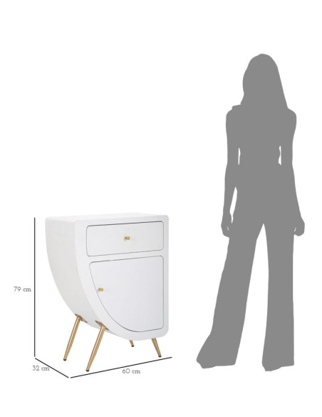 Table d'appoint moderne 1 porte 1 tiroir en Bois Blanc Métal Doré Venus 
