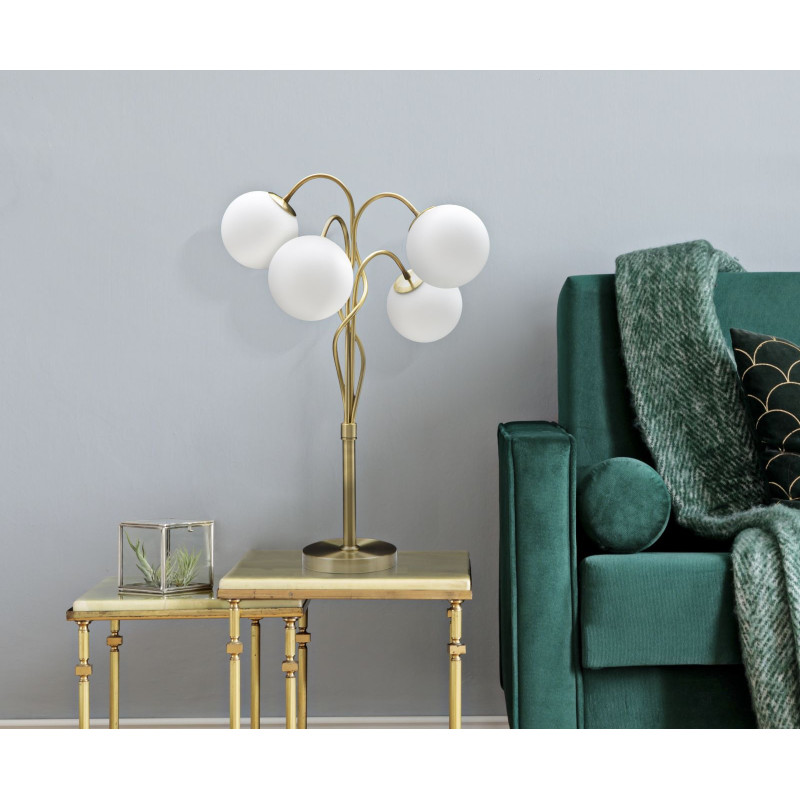 Lampe à poser moderne XXL 4 Boules Hauteur 74 cm en Métal Doré Verre Blanc Glamy 