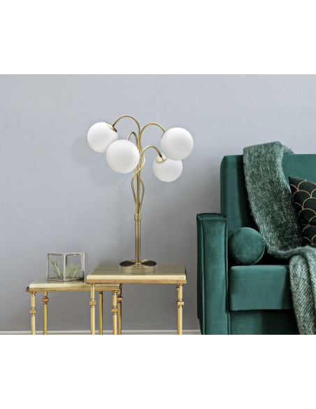 Lampe à poser moderne XXL 4 Boules Hauteur 74 cm en Métal Doré Verre Blanc Glamy 