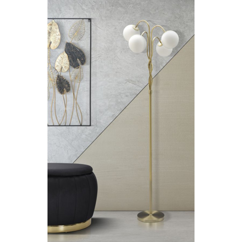 Lampadaire moderne XL 4 Boules Hauteur 176 cm en Métal Doré Verre Blanc Glamy 