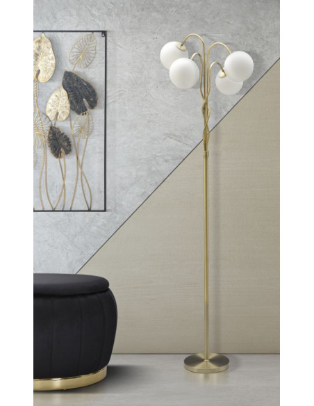 Lampadaire moderne XL 4 Boules Hauteur 176 cm en Métal Doré Verre Blanc Glamy 