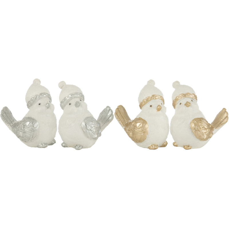 Décoration de Noël Oiseaux avec bonnet 10 cm en Résine Blanc Doré Argenté (Lot de 4) - 1