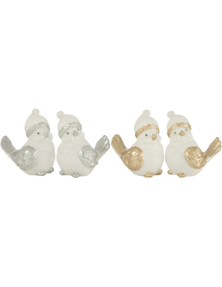 Décoration de Noël Oiseaux avec bonnet 10 cm en Résine Blanc Doré Argenté (Lot de 4) - 1