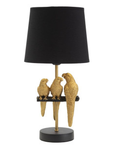 Lampe à poser originale 3 Perroquets Hauteur 39 cm en Résine Métal Doré Tissu Noir Pappagallo 