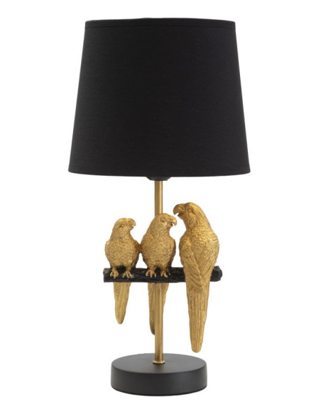 Lampe à poser originale 3 Perroquets Hauteur 39 cm en Résine Métal Doré Tissu Noir Pappagallo 