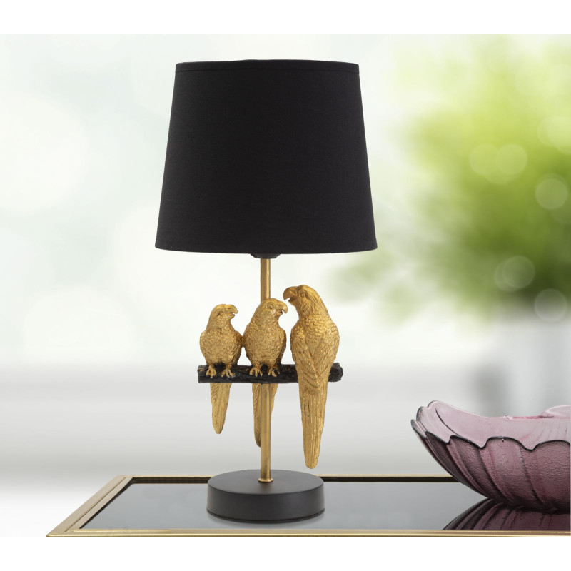 Lampe à poser originale 3 Perroquets Hauteur 39 cm en Résine Métal Doré Tissu Noir Pappagallo 