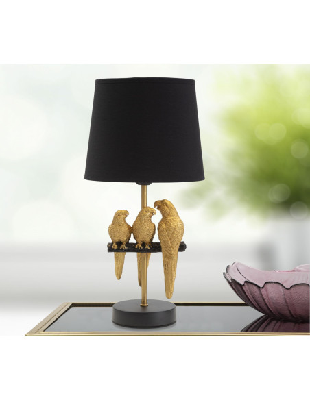 Lampe à poser originale 3 Perroquets Hauteur 39 cm en Résine Métal Doré Tissu Noir Pappagallo 