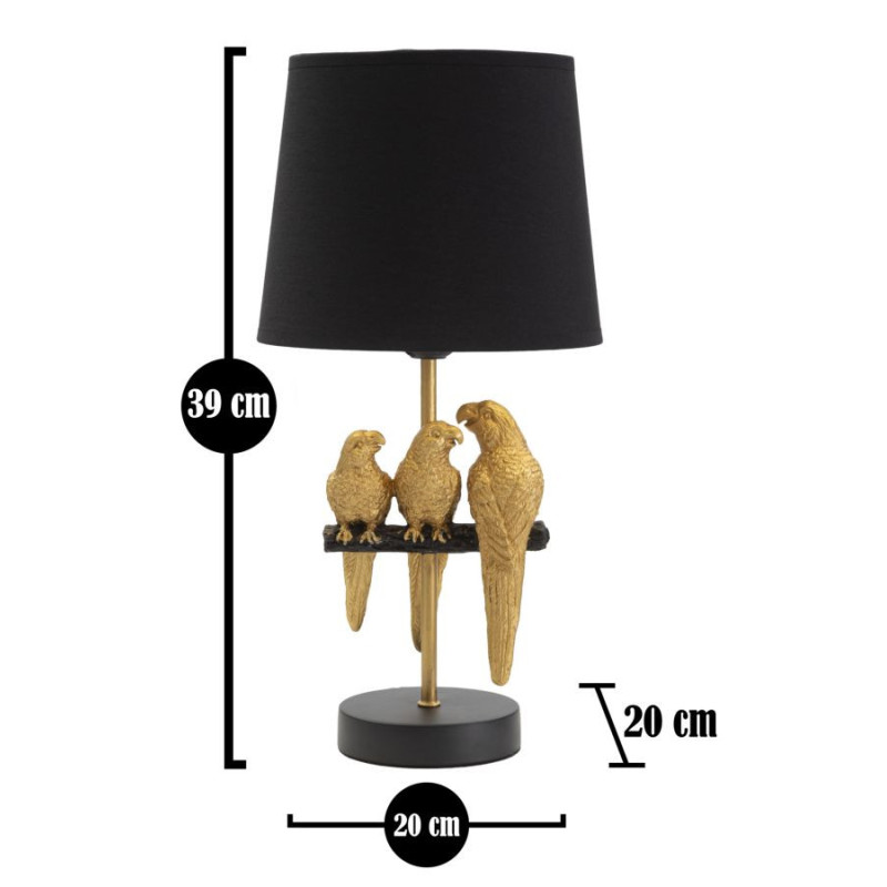 Lampe à poser originale 3 Perroquets Hauteur 39 cm en Résine Métal Doré Tissu Noir Pappagallo 