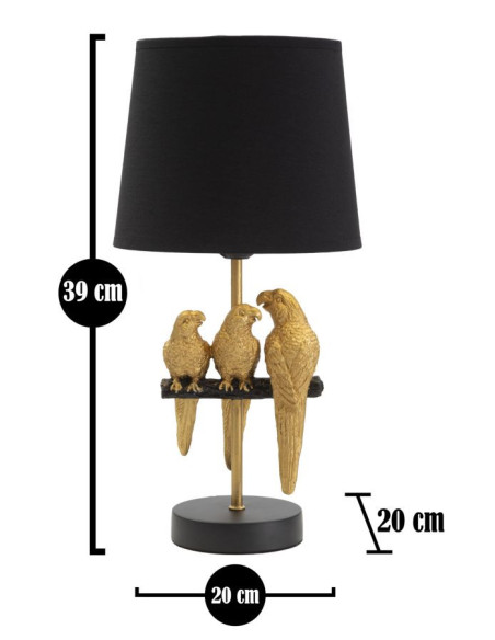 Lampe à poser originale 3 Perroquets Hauteur 39 cm en Résine Métal Doré Tissu Noir Pappagallo 