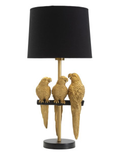 Lampe à poser originale XL 3 Perroquets Hauteur 62 cm en Résine Métal Doré Tissu Noir Pappagallo 