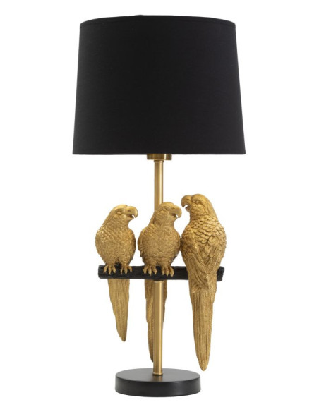 Lampe à poser originale XL 3 Perroquets Hauteur 62 cm en Résine Métal Doré Tissu Noir Pappagallo 