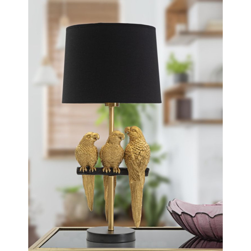 Lampe à poser originale XL 3 Perroquets Hauteur 62 cm en Résine Métal Doré Tissu Noir Pappagallo 