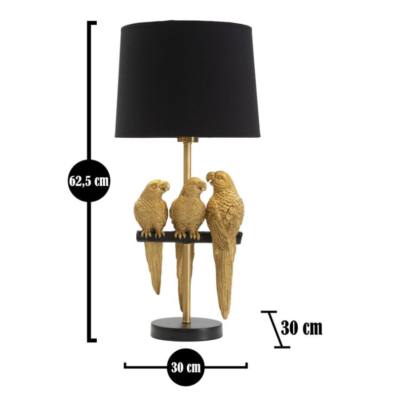 Lampe à poser originale XL 3 Perroquets Hauteur 62 cm en Résine Métal Doré Tissu Noir Pappagallo 