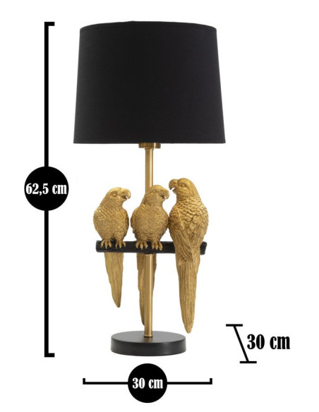 Lampe à poser originale XL 3 Perroquets Hauteur 62 cm en Résine Métal Doré Tissu Noir Pappagallo 
