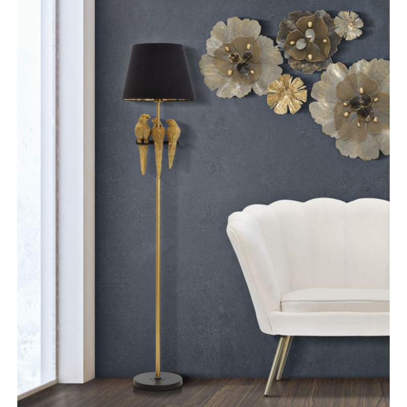 Lampadaire original XL 3 Perroquets Hauteur 164 cm en Résine Métal Doré Tissu Noir Pappagallo 