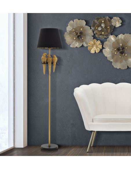 Lampadaire original XL 3 Perroquets Hauteur 164 cm en Résine Métal Doré Tissu Noir Pappagallo 