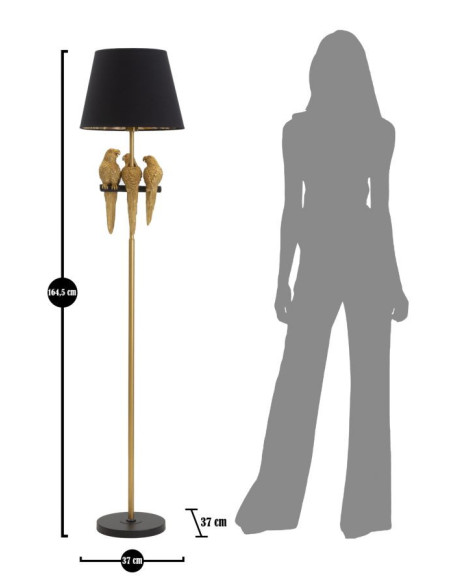 Lampadaire original XL 3 Perroquets Hauteur 164 cm en Résine Métal Doré Tissu Noir Pappagallo 