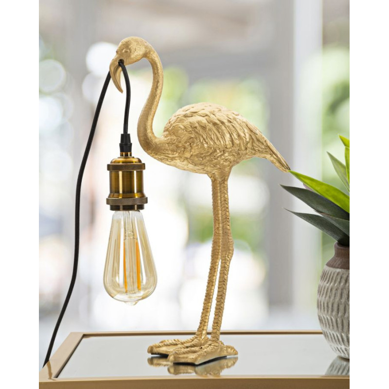 Lampe à poser originale Flamant rose Hauteur 39 cm en Résine Métal Doré Flamingo 