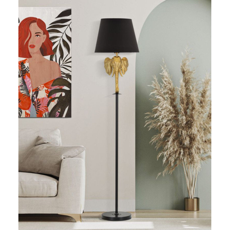 Lampadaire original XL Éléphant Hauteur 164 cm en Résine Doré Métal Tissu Noir Elefante 
