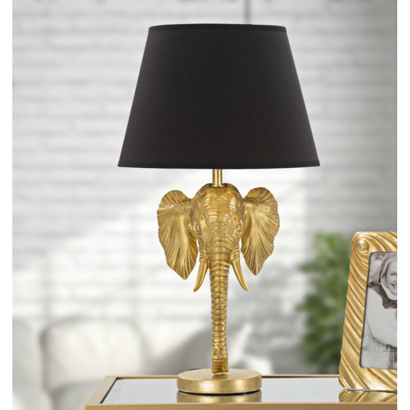 Lampe à poser originale XL Éléphant Hauteur 59c m en Résine Métal Doré Tissu Noir Elefante 