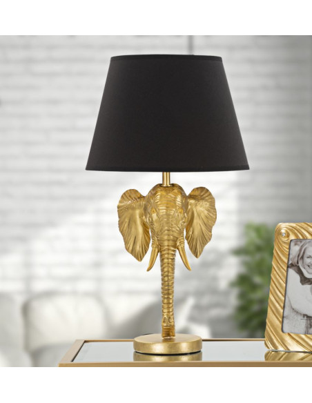 Lampe à poser originale XL Éléphant Hauteur 59c m en Résine Métal Doré Tissu Noir Elefante 