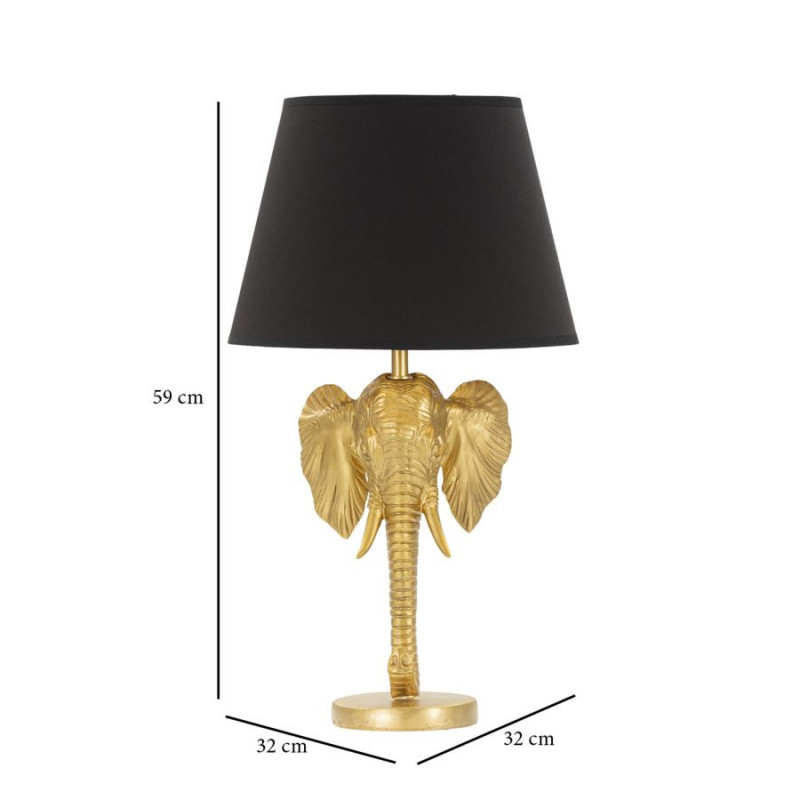 Lampe à poser originale XL Éléphant Hauteur 59c m en Résine Métal Doré Tissu Noir Elefante 