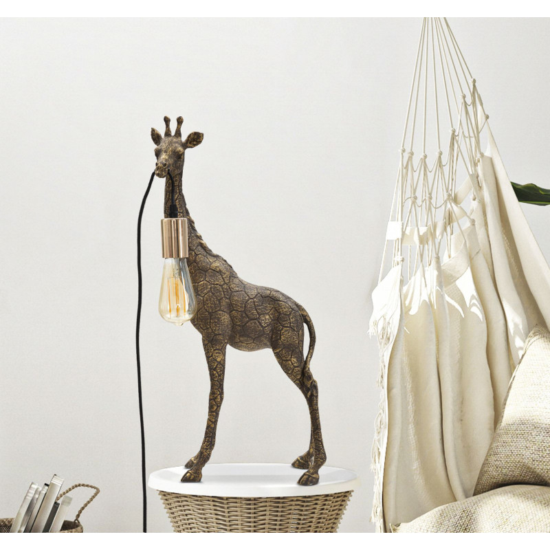Lampe à poser originale XL Girafe Hauteur 60 cm en Résine Marron Métal Doré Giraffa 