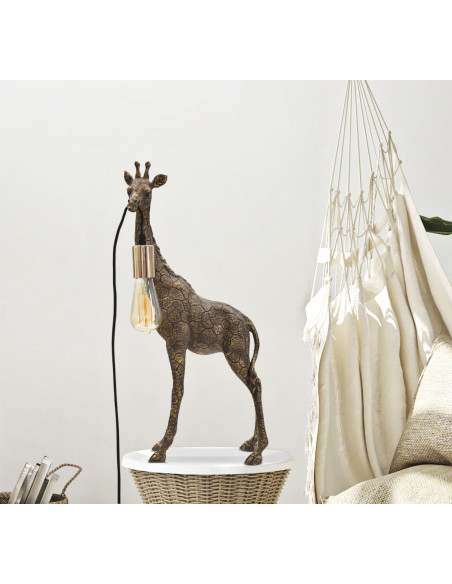 Lampe à poser originale XL Girafe Hauteur 60 cm en Résine Marron Métal Doré Giraffa 