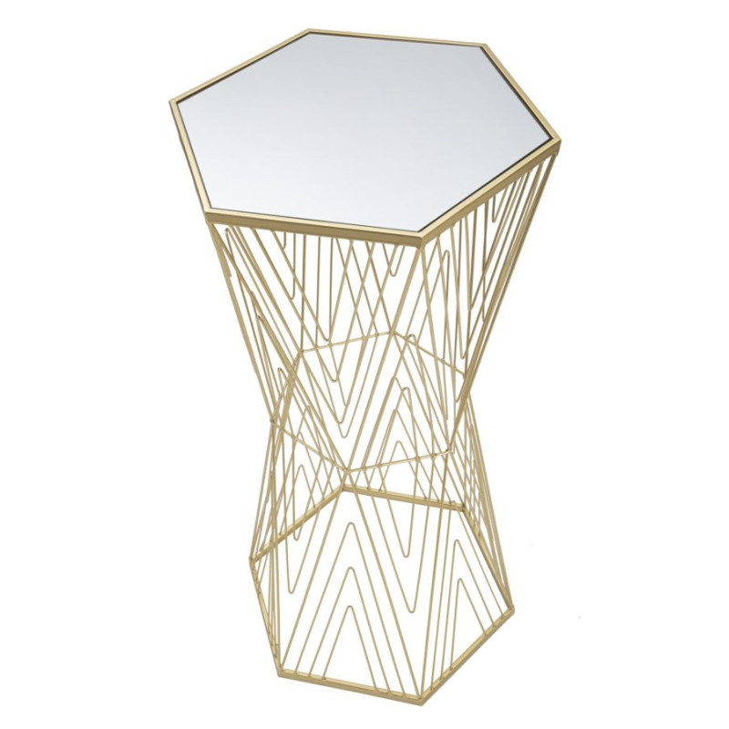 Sellette haute moderne Hexagonale en Métal Doré Bois Miroir Lines 