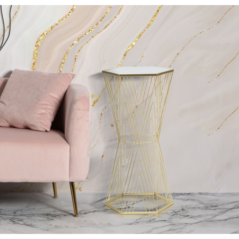 Sellette haute moderne Hexagonale en Métal Doré Bois Miroir Lines 